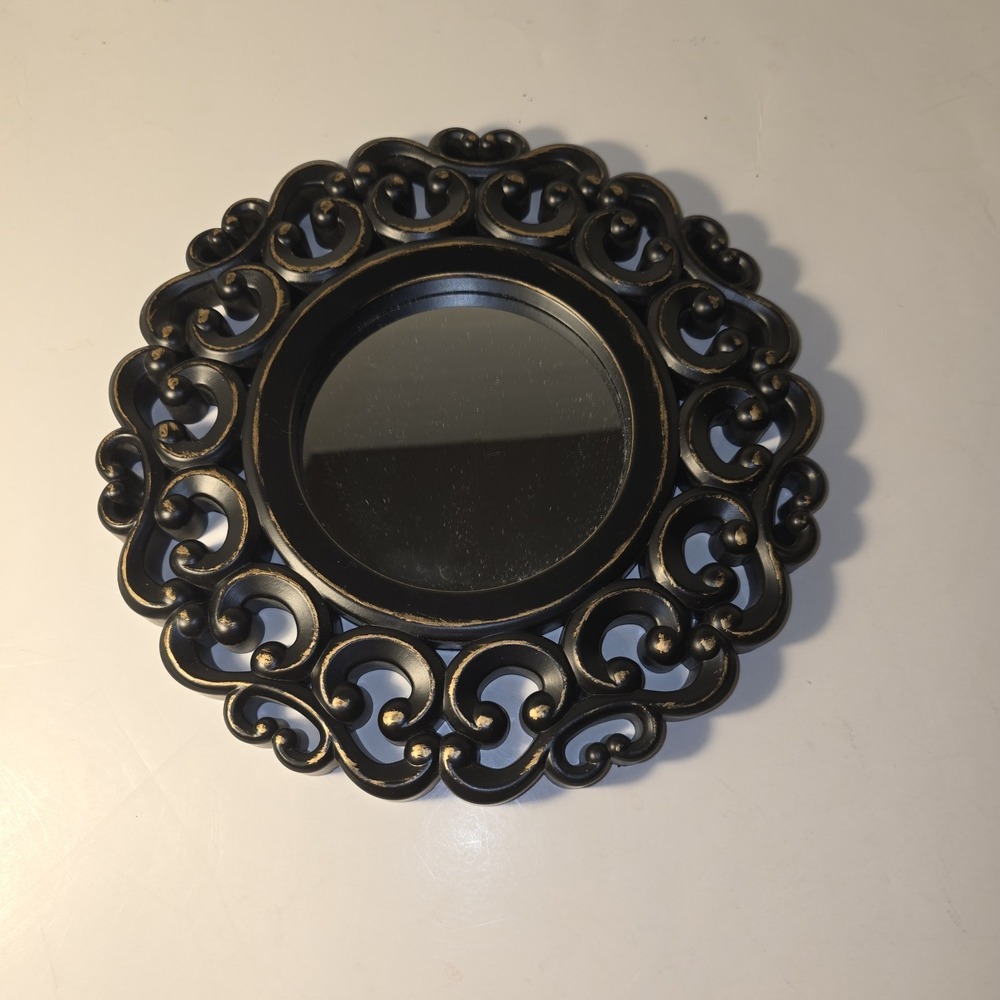 Ornate Black Round Wall Mirror Decorative Accent Vintage Style